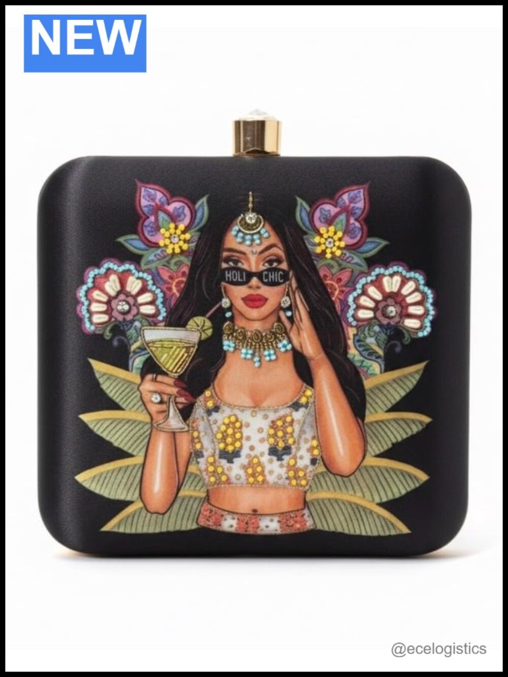 Satin Embellished Clutch with Detachable Gold Strap